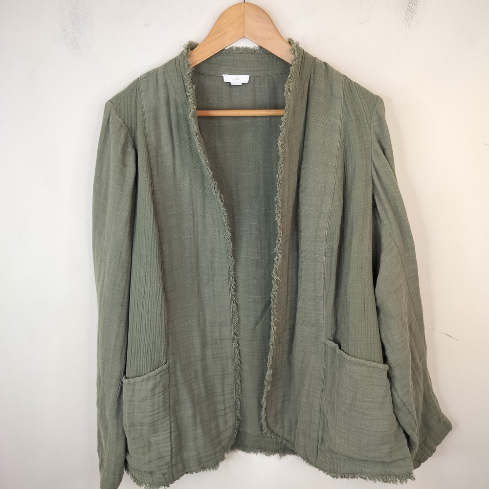J. Jill Gauze Cotton Open Front Jacket Large Frayed Boho Green Lightweight